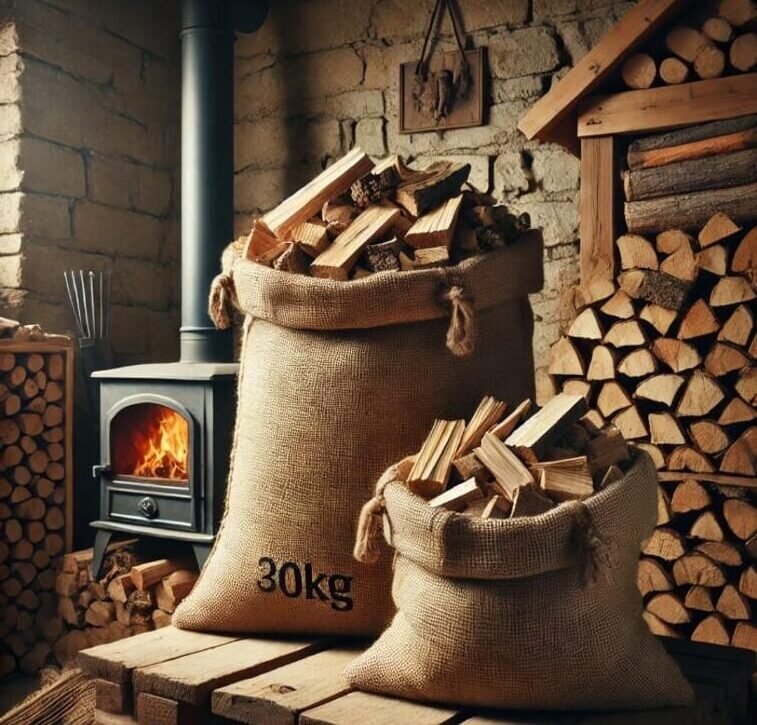 Vista general de un saco de encina de 30 kg junto a uno más pequeño